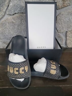 Authentic Gucci Black and Gold Logo Slide Sandals